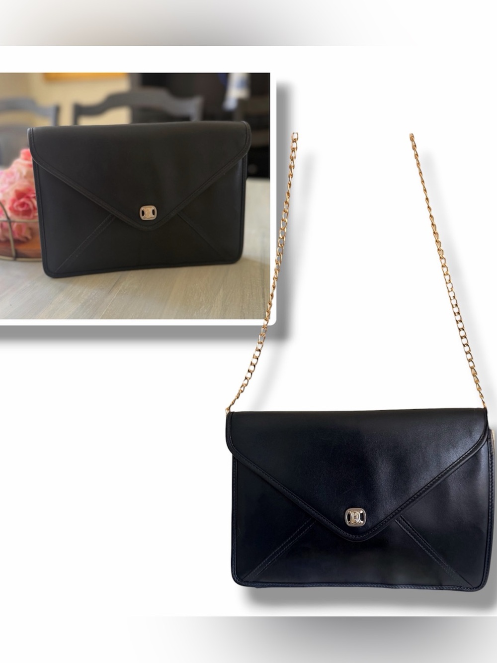 Celine Triomphe Leather Envelope Clutch Bag Vintage Calfskin Leather Gold Chain